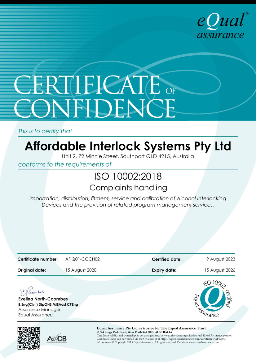 Affordable interlock systems Q-Mark ISO 10002+2018 certificate